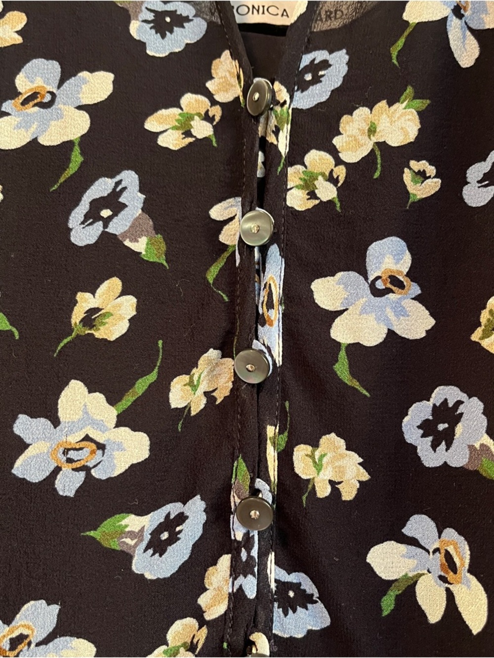 Veronica Beard Alec Silk Blouse 10 Black Floral Sheer V Neck Top - Picture 8 of 13